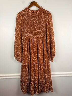 Petal + pup brown orange floral smocked long sleeve midi dress size 6
